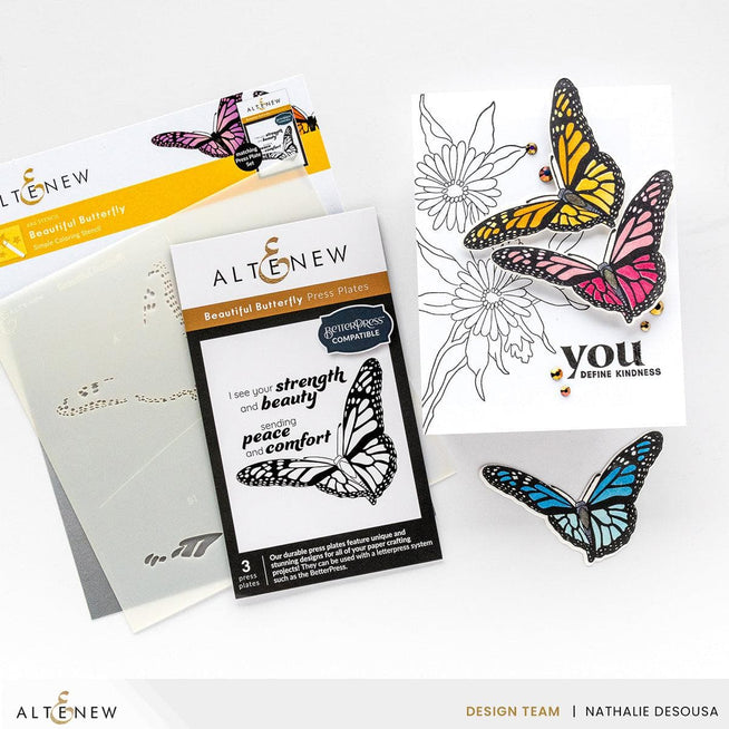 Altenew Betterpress Butterfly Press Plate Set featuring detailed butterfly designs on clear polymer plates for stamping.
