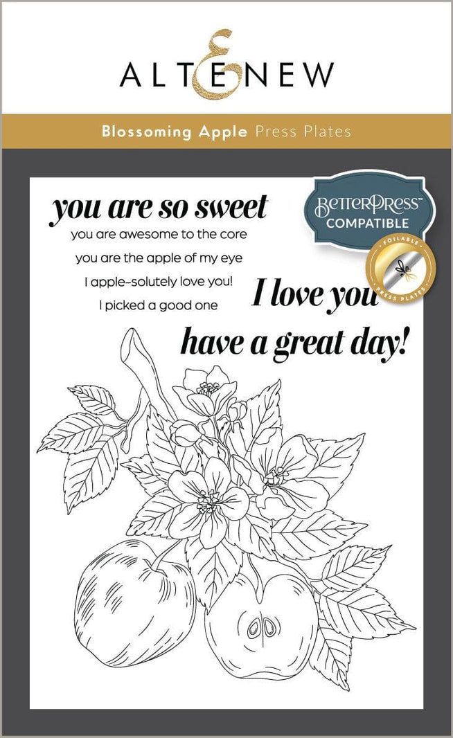 Altenew Betterpress Blossoming Apple Press Plates and foil plates for letterpress crafting on white background