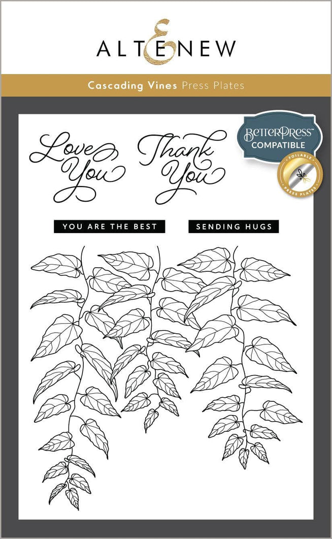 Altenew Betterpress Cascading Vines Press Plate set with foil plates, featuring intricate vine and leaf designs for crafting projects.
