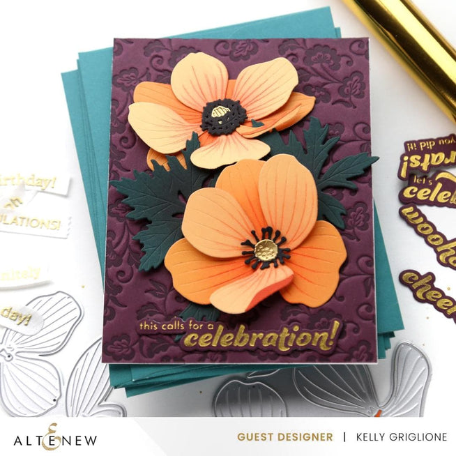 Altenew Celebration Sentiments Betterpress Plate Set with various festive message designs on clear acrylic plates for crafting.