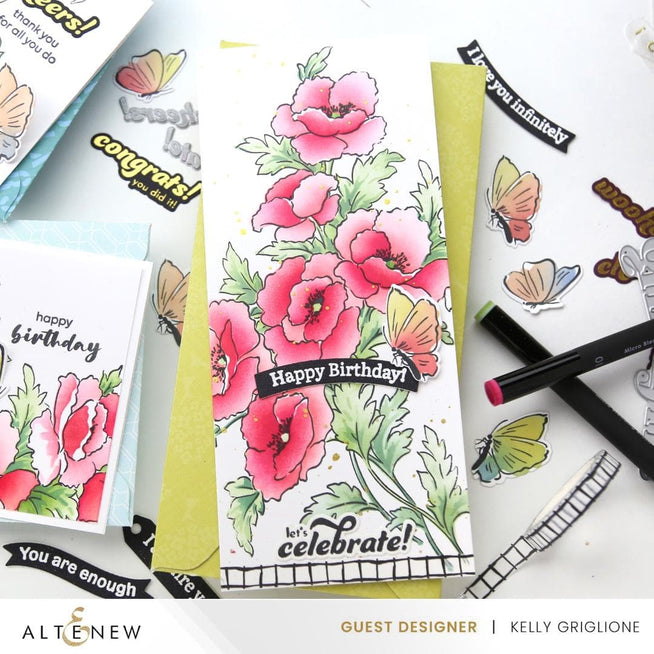 Altenew Celebration Sentiments Betterpress Plates set with floral and celebratory designs for card making and craft projects.