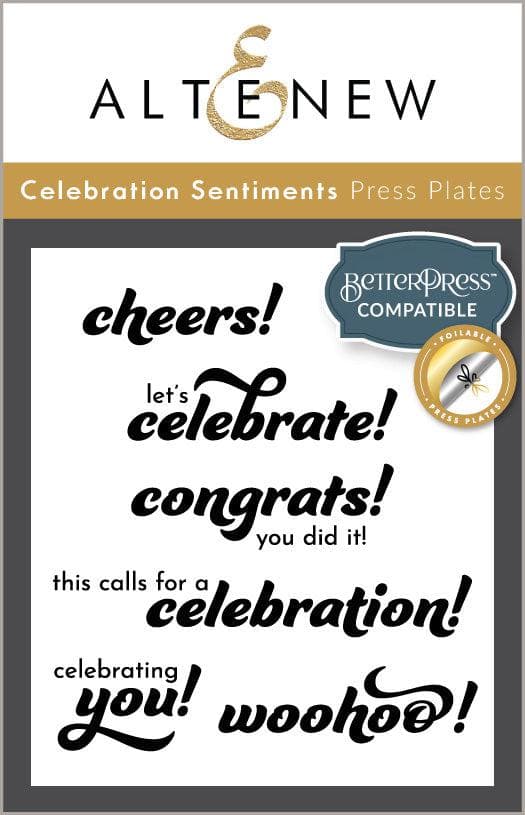 Altenew Celebration Sentiments Betterpress Press Plate Set with foil plates for card-making and crafting projects.