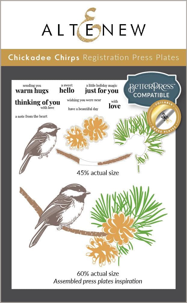 Altenew Chickadee Chirps Betterpress registration press plates for foil and embossing, featuring detailed bird and nature designs.