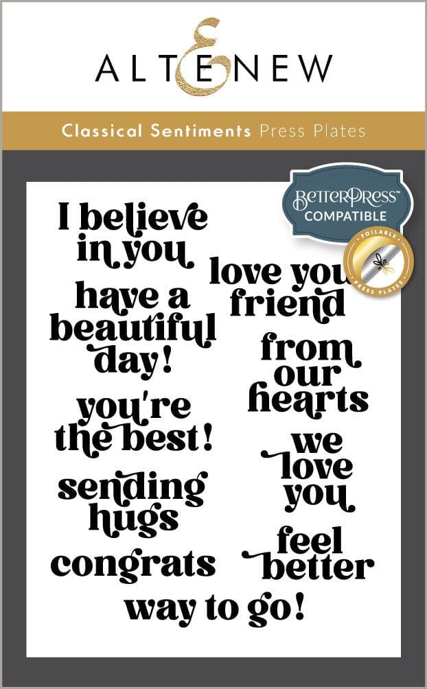 Altenew Classical Sentiments Betterpress Plate Set with decorative foil press plates for card making and crafting projects.