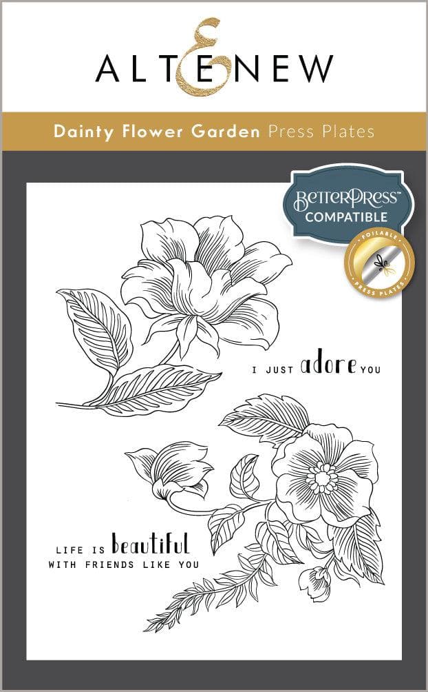 Altenew Dainty Flower Garden Betterpress Plate Set with floral design for foil press and stamping projects.