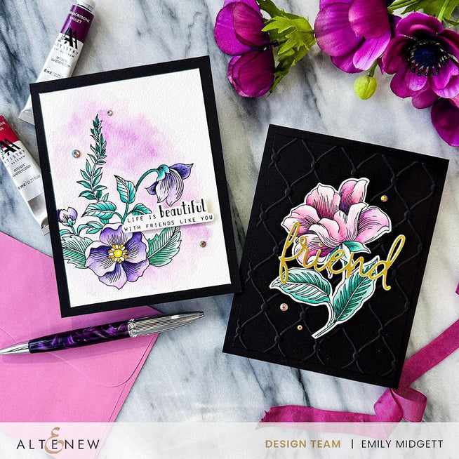 Altenew Dainty Flower Garden Betterpress Plate Set with floral pressed flower designs for stamping and crafting.