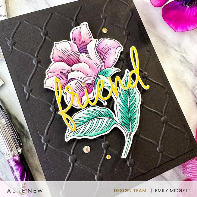 Set of Altenew Dainty Flower Garden Betterpress Plates featuring intricate floral designs for creative stamping and crafting projects.