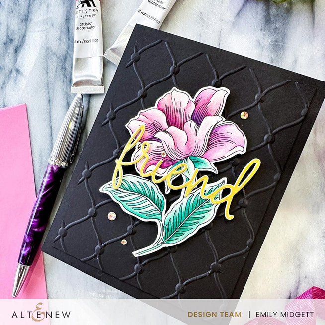 Altenew Dainty Flower Garden Betterpress Plate Set featuring detailed floral press plates for stamping and crafting projects.