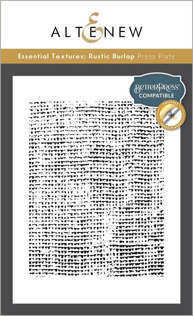 Altenew Betterpress Plates set featuring Rustic Burlap textural press plates for crafting and printing projects.
