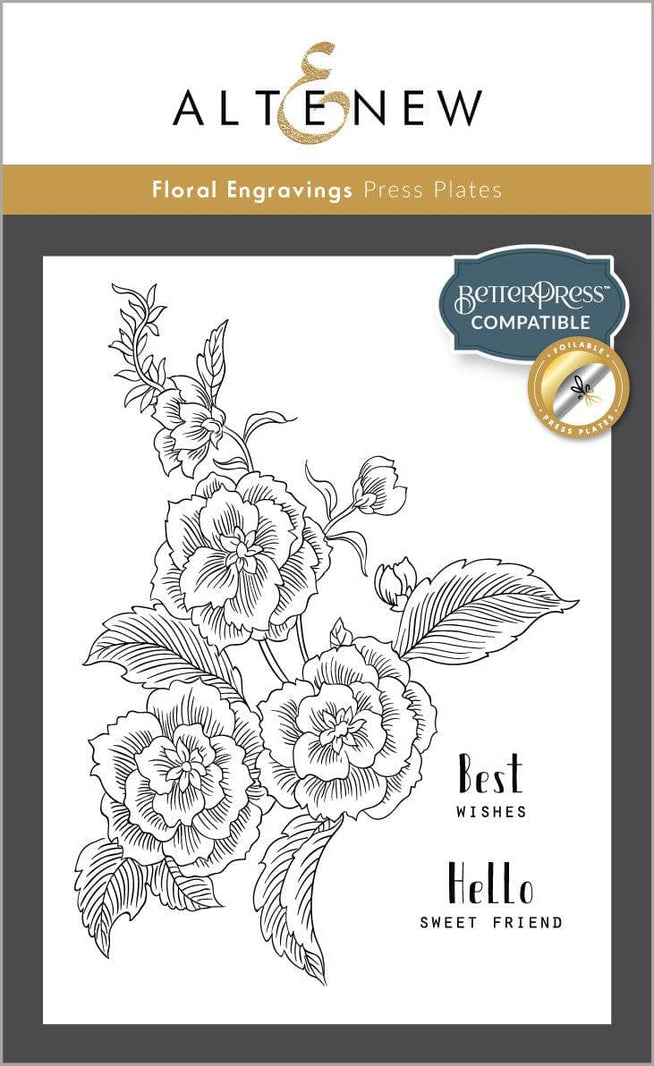 Altenew Betterpress Floral Engravings Press Plate Set with detailed floral design for embossing and foiling craft projects.