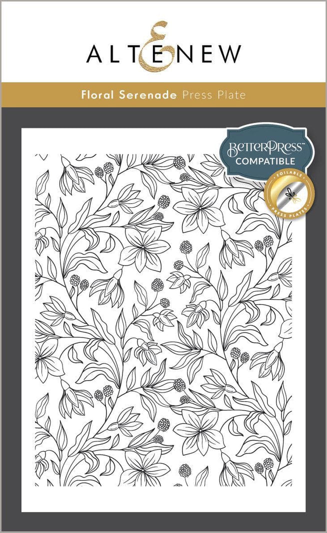 Altenew Floral Serenade Betterpress press plates with intricate floral foil designs for stamping and crafting projects.