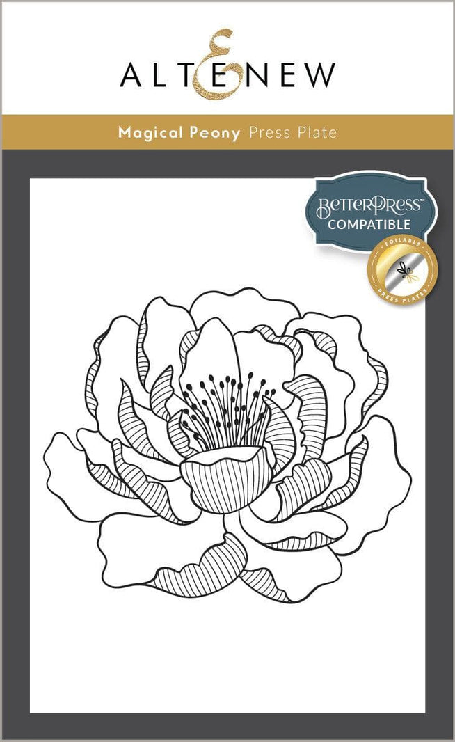 Altenew Magical Peony Betterpress Press Plates for foil and letterpress printing with detailed peony floral design.