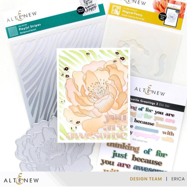 Altenew Magical Peony Betterpress Press Plates for foil printing, featuring detailed peony flower designs on metal plates.