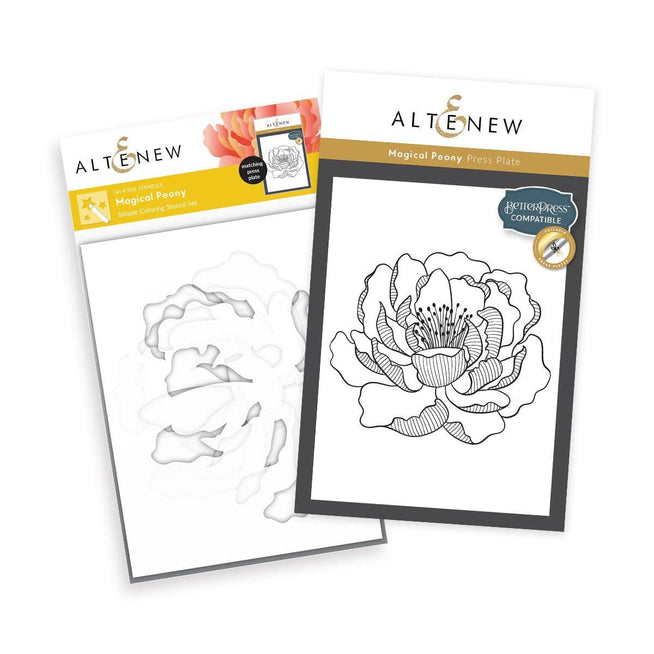 Altenew Magical Peony Betterpress Press Plates for foil and letterpress printing, featuring detailed peony floral designs.