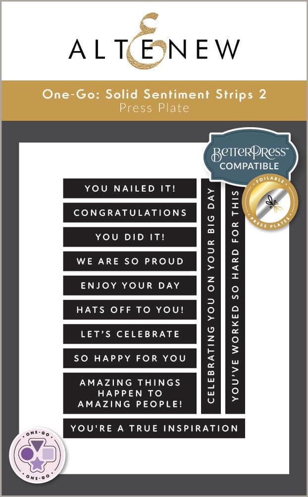 Altenew One-Go Solid Sentiment Strips and Press Plates for celebration-themed card making, featuring foil plates and versatile stamps.
