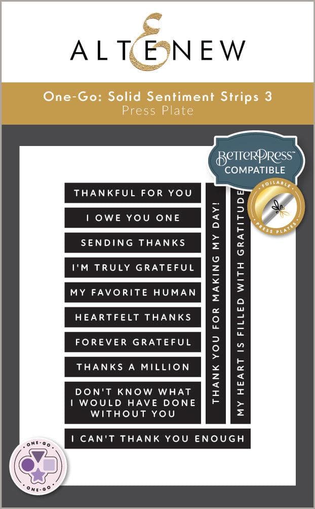 Altenew Betterpress Solid Sentiment Strips Gratitude Edition, 3 press plates and foil plates for stamping and crafting.