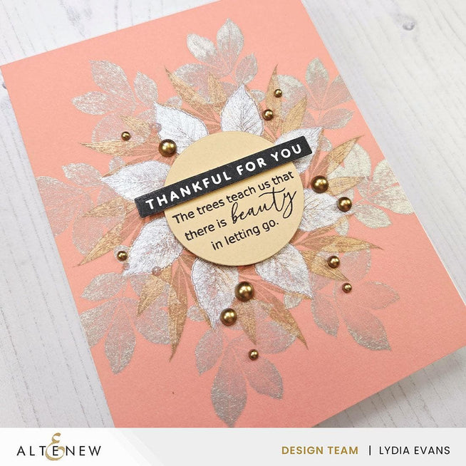 Altenew Betterpress One-Go Solid Sentiment Strips Gratitude Edition plates for letterpress printing, showing three press plates with foil accents.