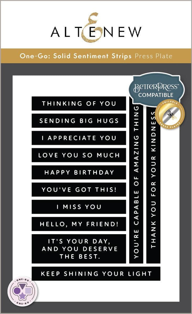 Altenew One-Go Solid Sentiment Strips Betterpress Plates used for stamping and foil application on craft projects.