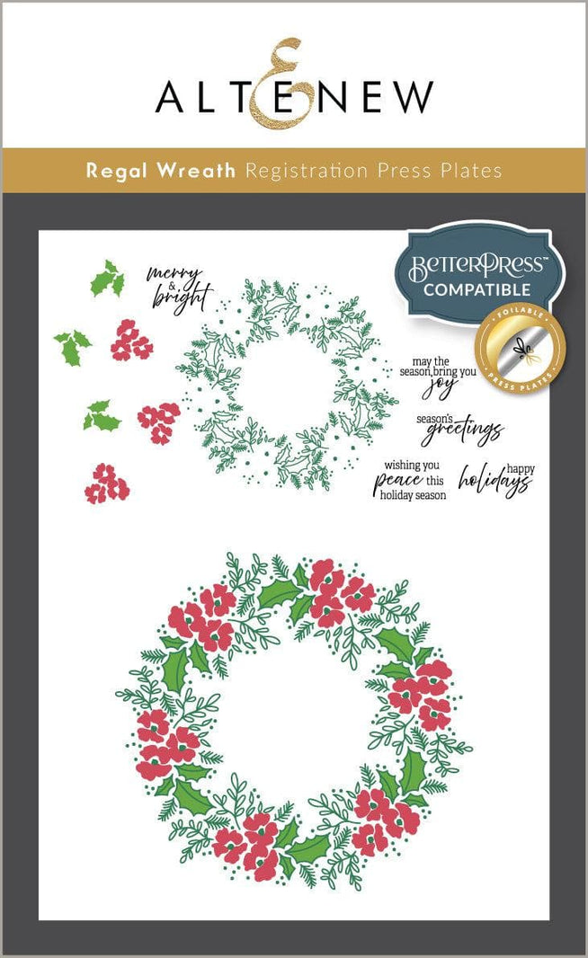 Altenew Regal Wreath Betterpress registration press plate set with foil plates for stamping and embossing craft projects.