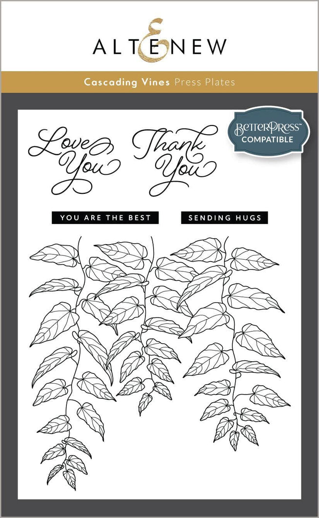 Alt text: Altenew Cascading Vines Betterpress Plate and Stencil Bundle featuring detailed vine patterns for printing and crafting projects.