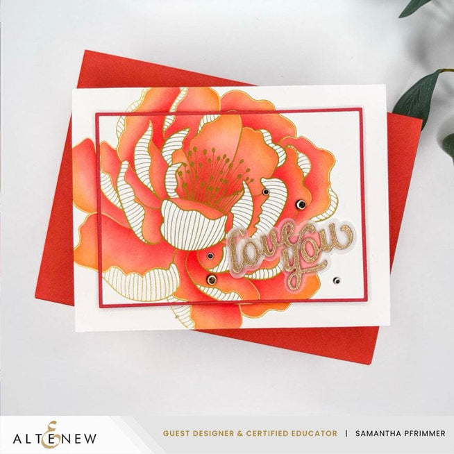 Altenew Magical Peony Betterpress Plate and Stencil Bundle for crafting, featuring floral peony designs on a white background.