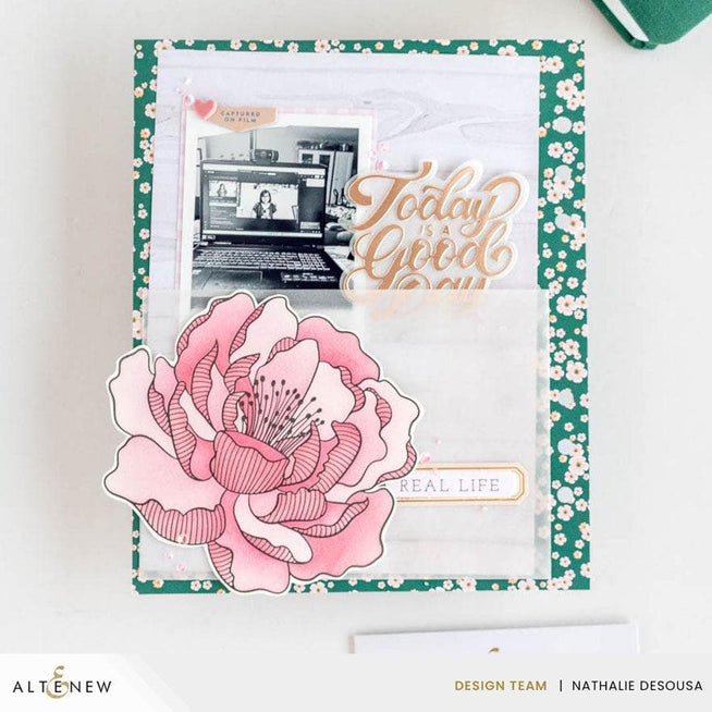 Altenew Magical Peony Betterpress Plate and Stencil Bundle featuring floral peony designs on metal plates and stencils.