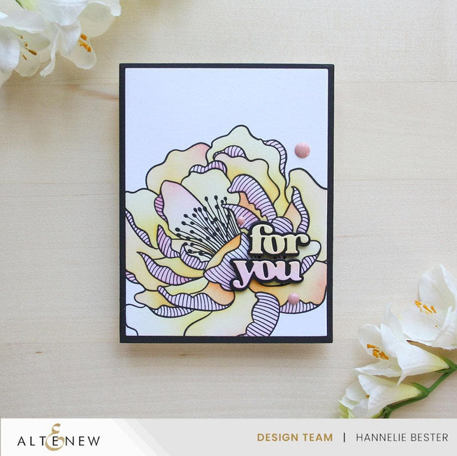Altenew Magical Peony Betterpress Plate and Stencil Bundle, featuring detailed floral designs on cream-colored plates and stencils.