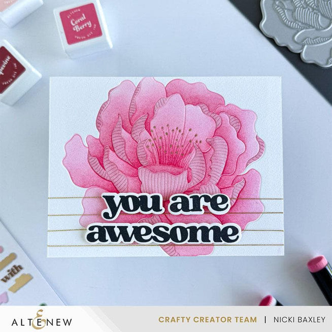 Altenew Magical Peony Betterpress Plate and Stencil Bundle with floral peony design for card-making and craft projects.