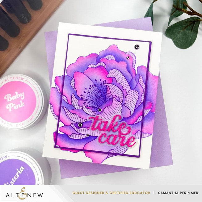 Altenew Magical Peony Betterpress Plate and Stencil Bundle for creative card making and craft projects.