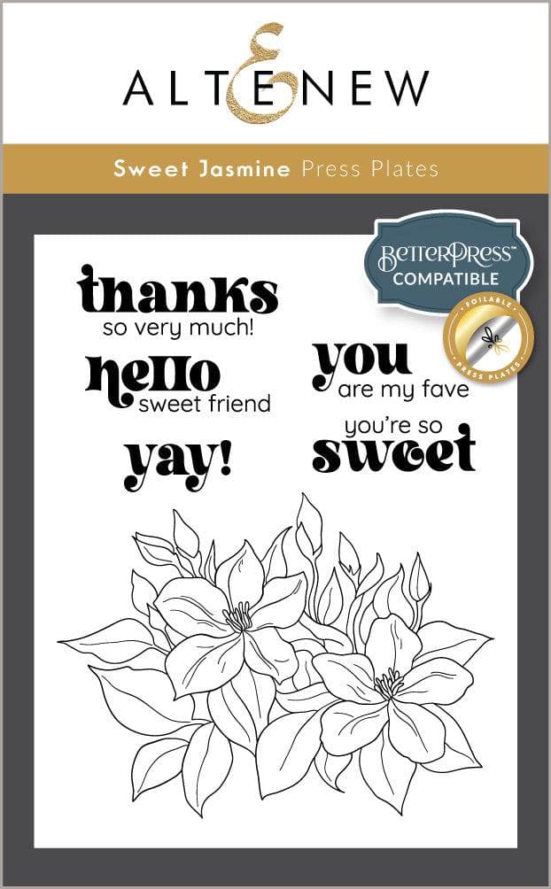 Set of Altenew Sweet Jasmine Betterpress Plates with foil press plates, showcasing intricate floral designs on white background