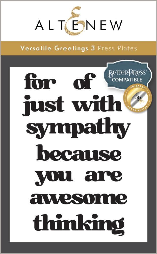 Altenew Betterpress Versatile Greetings 3 Press Plates Comfort Edition for stamping and card making.