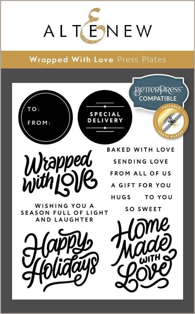 Altenew Betterpress Wrapped With Love Press Plates, foil plates for stamping and crafting, displayed on a white background.
