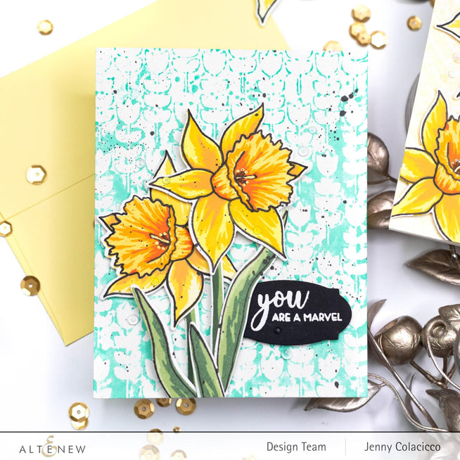 Altenew Build-A-Flower Narcissus Layering Stamp and Die Set with floral stamps and coordinating dies for crafting.