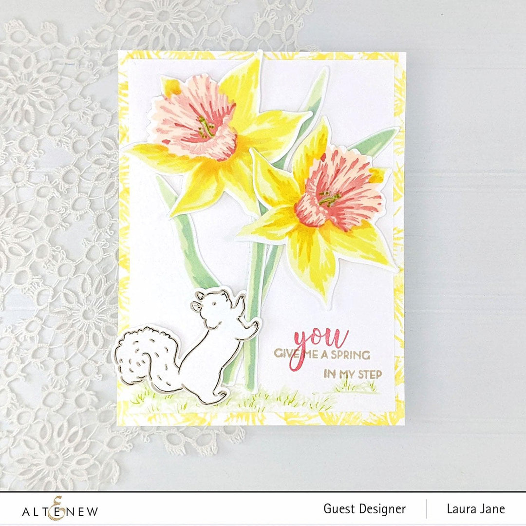 Build-A-Flower Narcissus layering stamp and die set by Altenew, featuring detailed floral elements for crafting and card making.