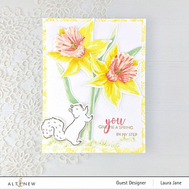 Build-A-Flower Narcissus layering stamp and die set by Altenew, featuring detailed floral elements for crafting and card making.