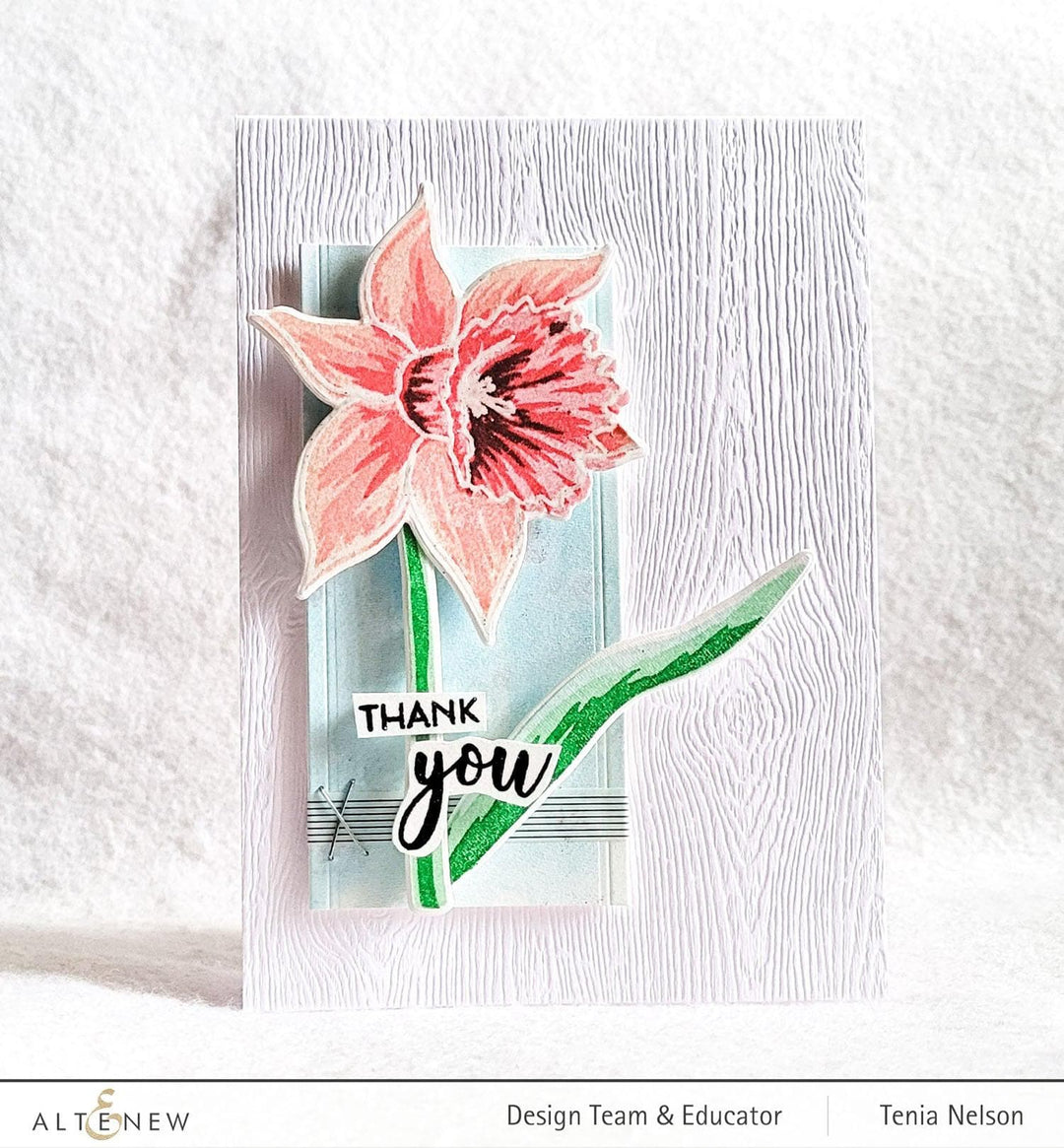 Build-A-Flower Narcissus layering stamp and die set by Altenew, featuring floral stamping and die-cutting tools for crafting.