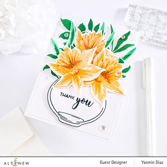 Build-A-Flower Narcissus layering stamp and die set by Altenew, showcasing floral stamps and metal dies for crafting.