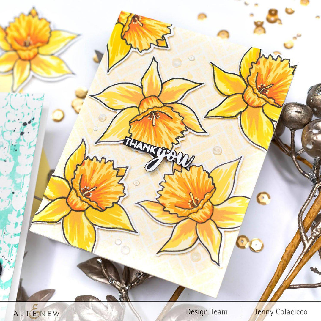 Altenew Build-A-Flower Narcissus layering stamp and die set featuring detailed floral components for crafting and card making.