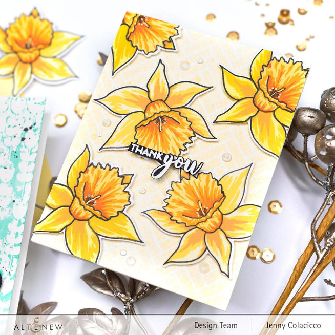 Altenew Build-A-Flower Narcissus layering stamp and die set featuring detailed floral components for crafting and card making.
