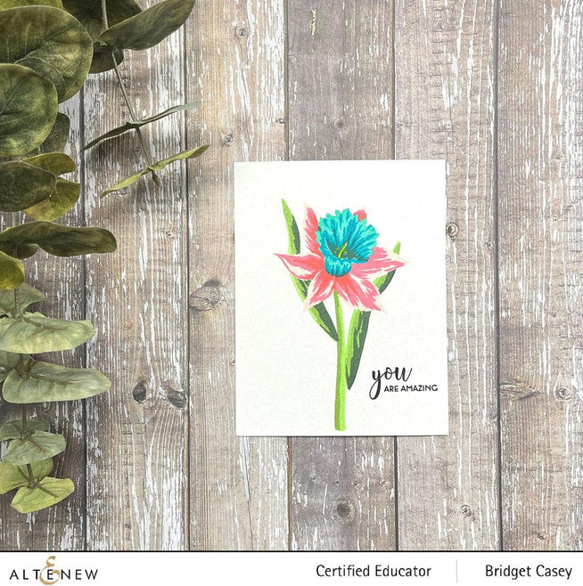 Altenew Build-A-Flower Narcissus layering stamp and die set, showing detailed flower and leaf components for crafting floral designs.