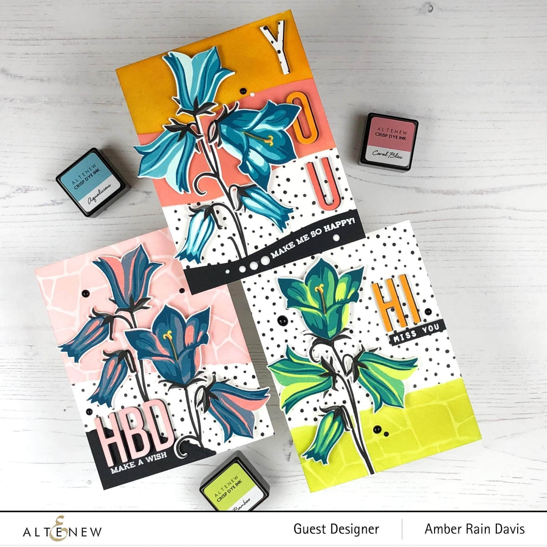 Altenew Build-A-Flower Bellflower layering stamp and die set with floral stamps and matching cutting dies for crafting projects.