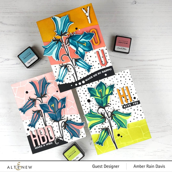 Altenew Build-A-Flower Bellflower layering stamp and die set with floral stamps and matching cutting dies for crafting projects.