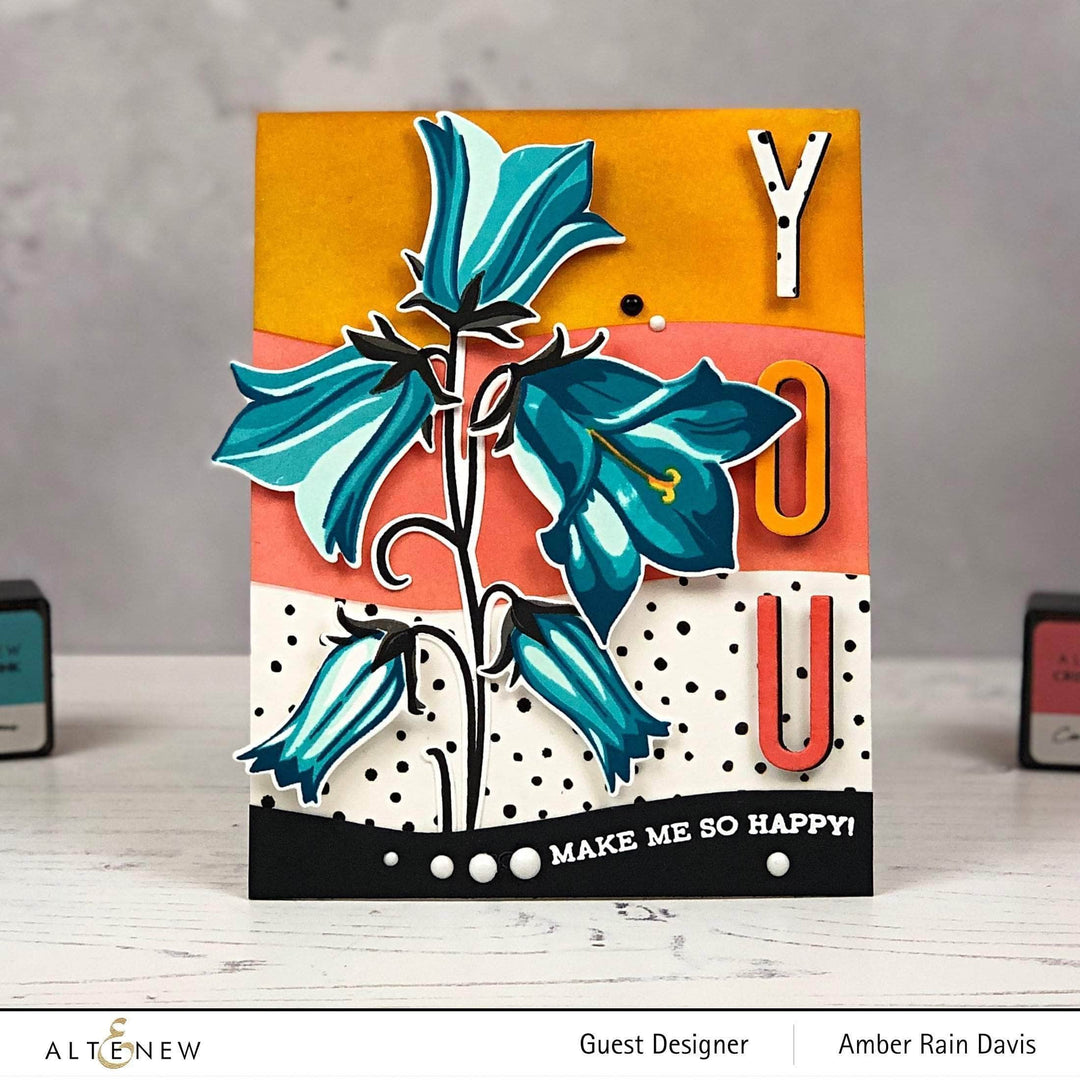Build-A-Flower Bellflower layering stamp and die set by Altenew, featuring detailed flower and leaf images for crafting projects.