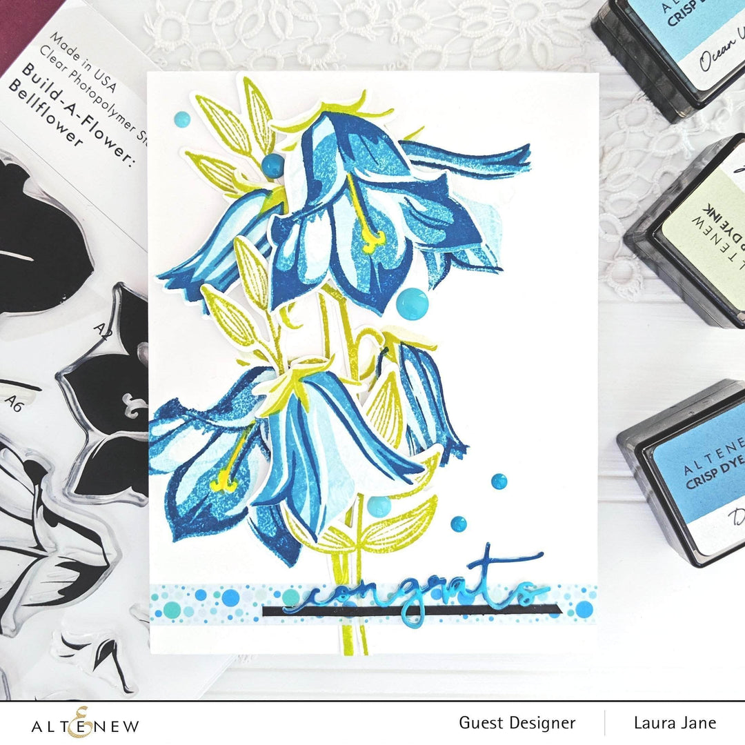 Build-A-Flower Bellflower Layering Stamp and Die Set by Altenew, includes floral stamps and matching dies for crafting.