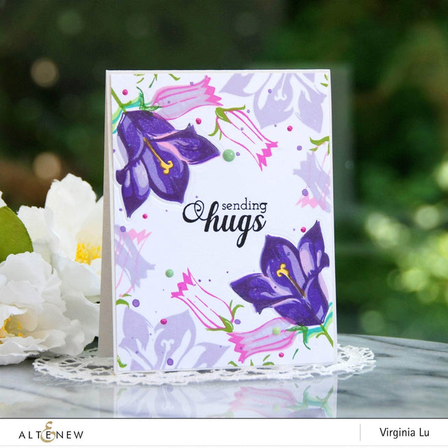 Altenew Build-A-Flower Bellflower Layering Stamp and Die Set with flower images and crafting tools for floral card making