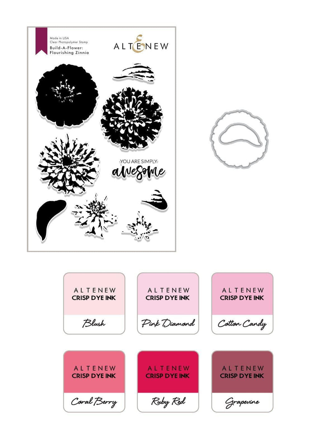 Altenew Build-A-Flower Set Build-A-Flower: Flourishing Zinnia Layering Stamp & Die Set & Ink Bundle