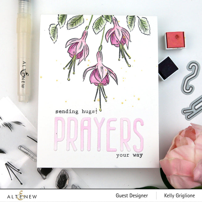 Altenew Build-A-Flower Fuchsia layering stamp and die set with ink bundle, featuring detailed flower and leaf designs for crafting.
