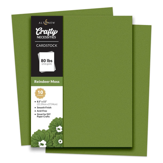 Altenew Crafty Necessities Reindeer Moss Cardstock set with 10 sheets, featuring textured green paper for crafts and scrapbooking.