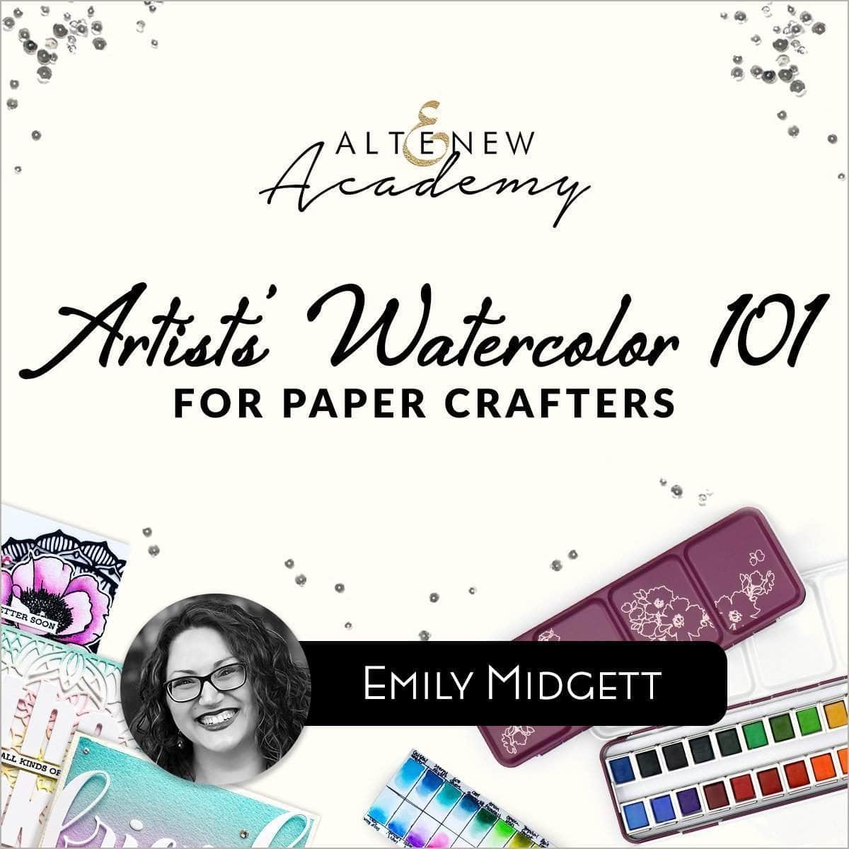 Online watercolor cardmaking class by Altenew for paper crafters, featuring watercolor techniques and project examples.