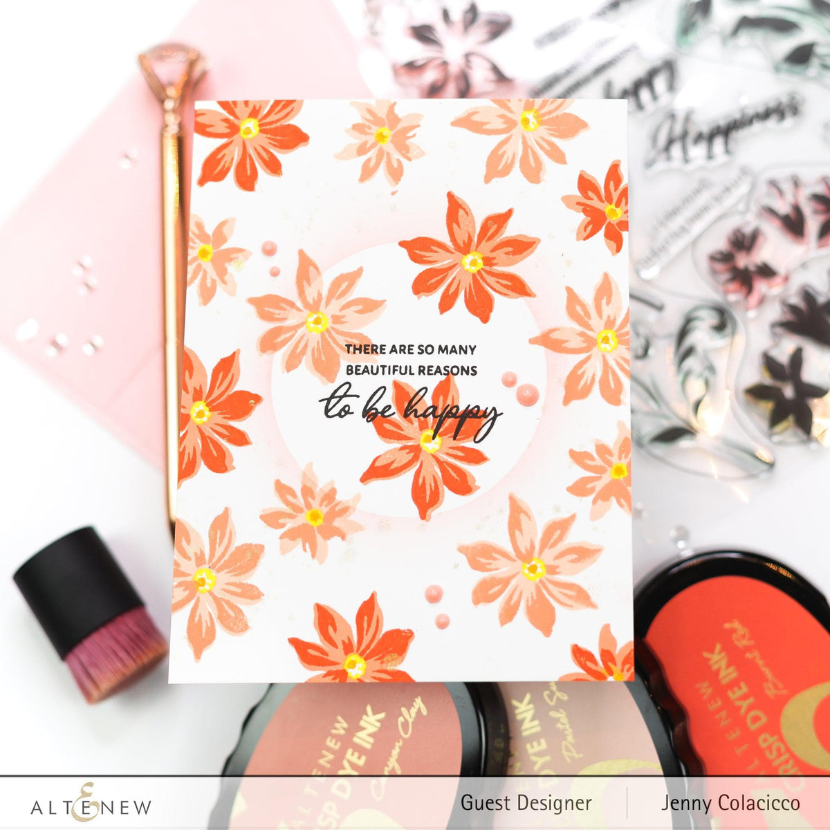 On-demand Altenew class showing beautiful background pattern designs on a screen, with various vibrant patterned papers displayed.